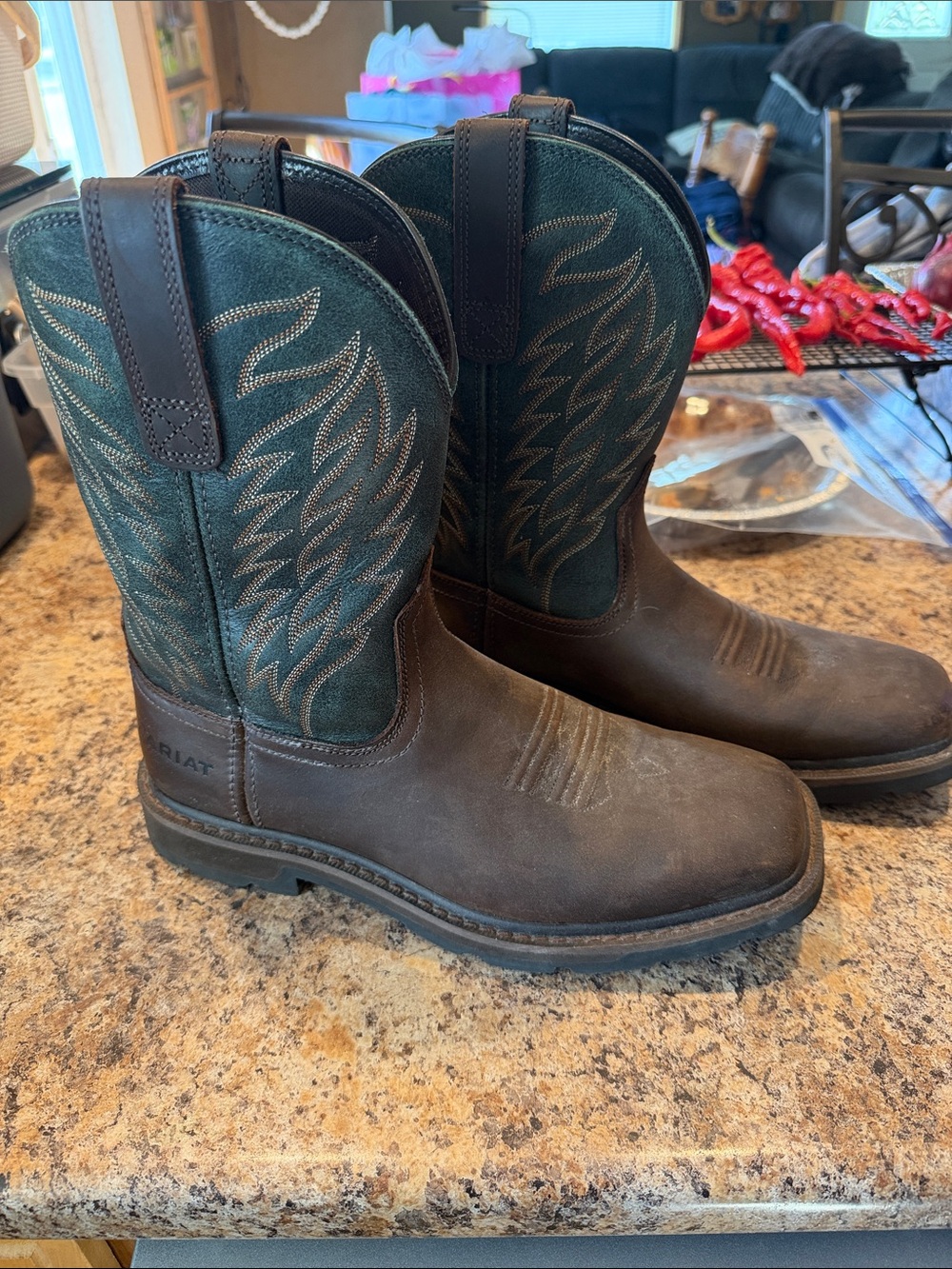 Ariat Sierra Work Brown Leather Boots with Dark Green Square Toe